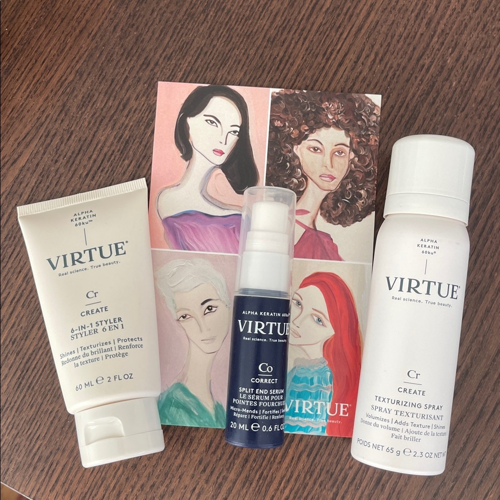 Virtue Create mini kit. Texturizing Spray, 6-in-1 Styler, Split end serum.